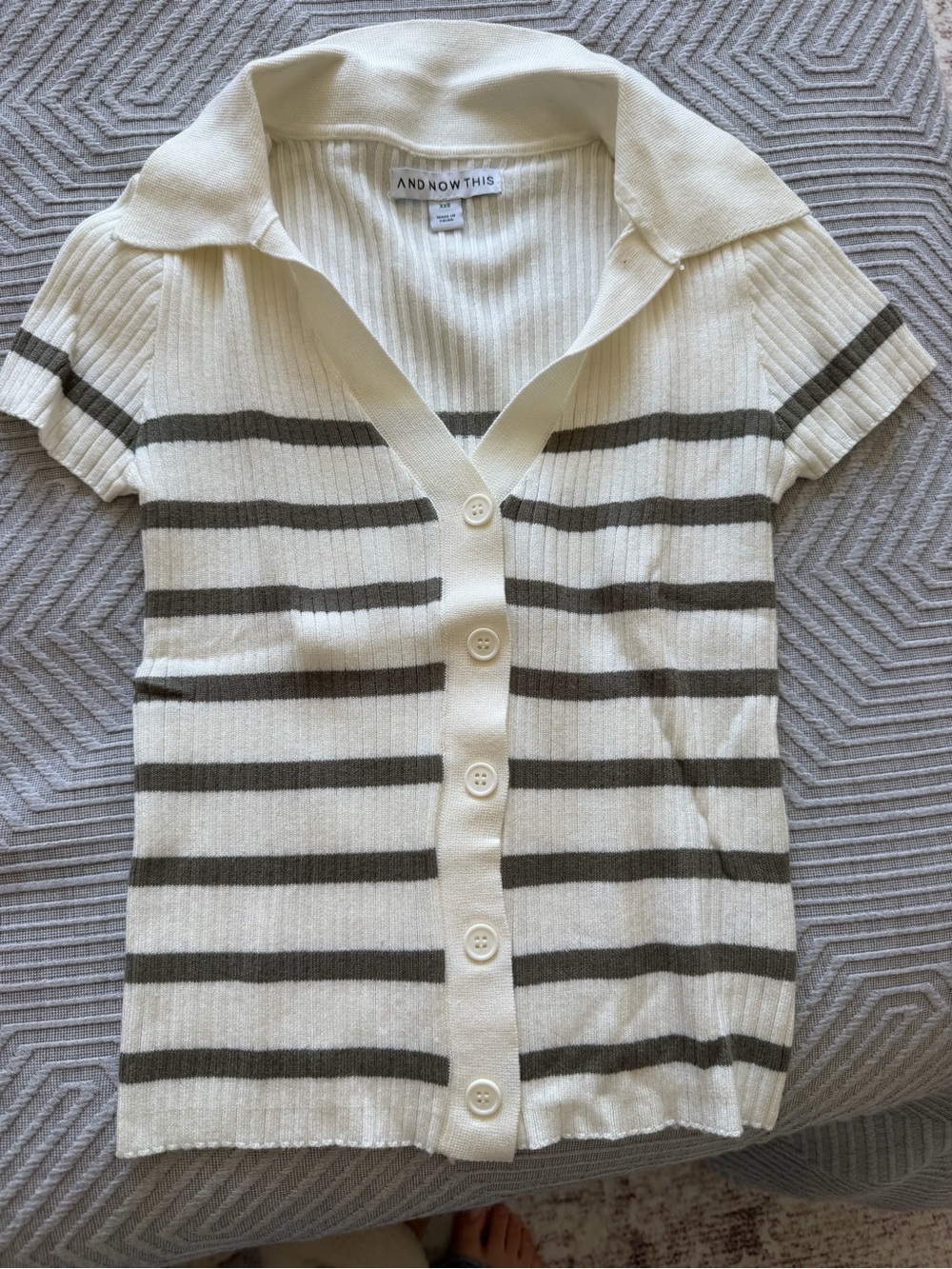 And Now This Cream Striped Ribbed Button-Up Polo Top